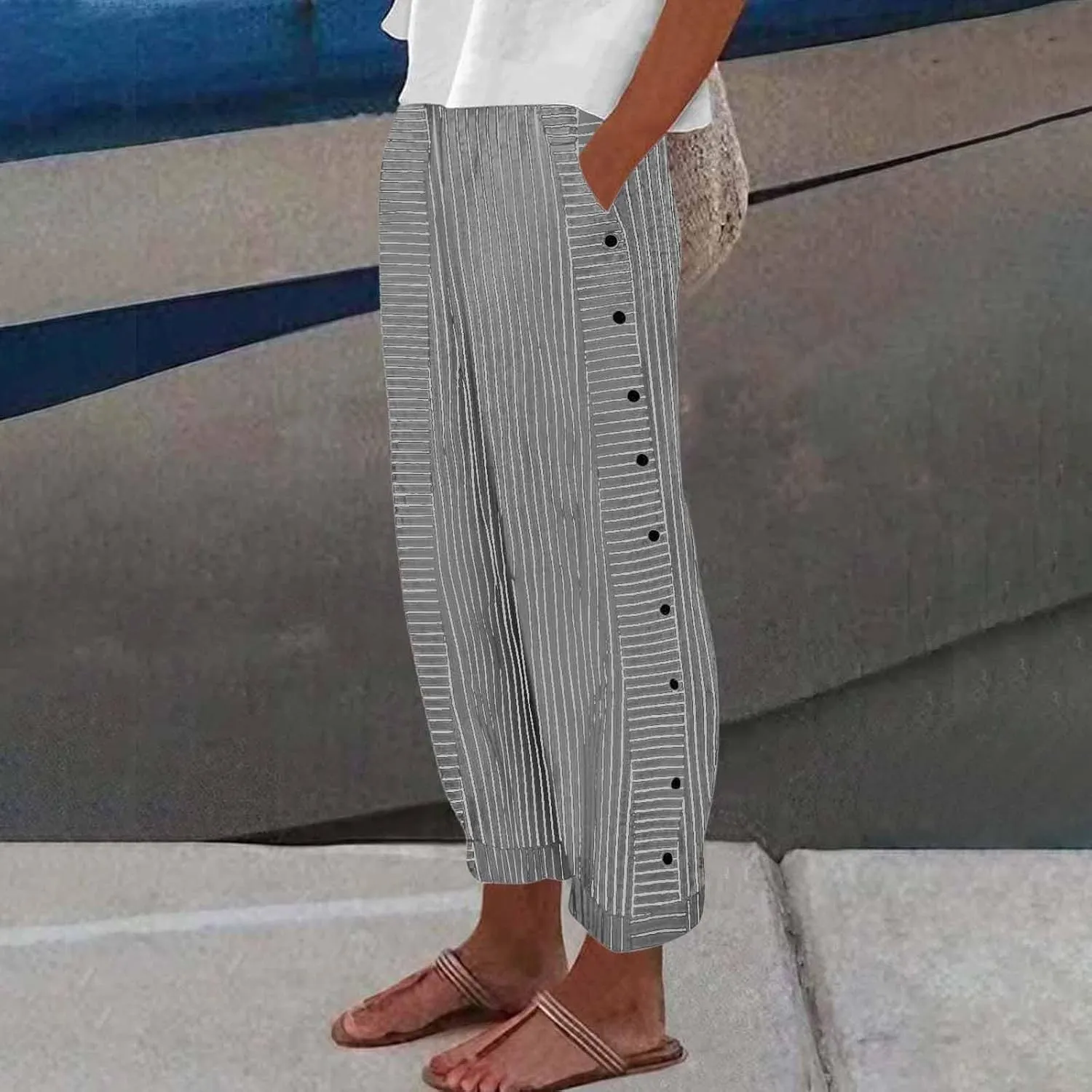 Striped Pants Women High Elastic Waist Wide Leg Pants Woman Vintage Lounge Pinstripe Pants Straight Leg Trousers