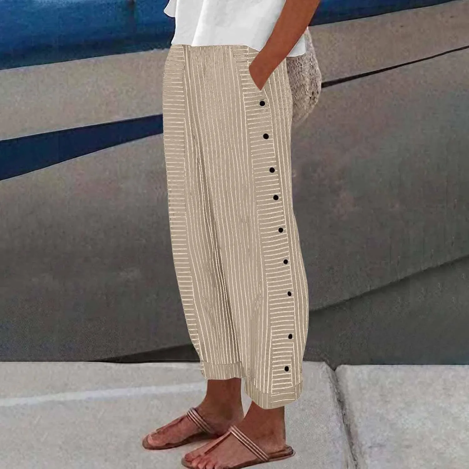 Striped Pants Women High Elastic Waist Wide Leg Pants Woman Vintage Lounge Pinstripe Pants Straight Leg Trousers