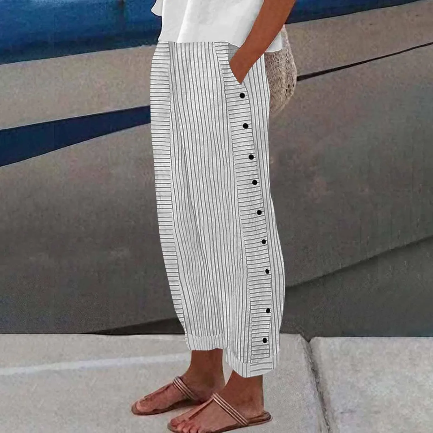 Striped Pants Women High Elastic Waist Wide Leg Pants Woman Vintage Lounge Pinstripe Pants Straight Leg Trousers