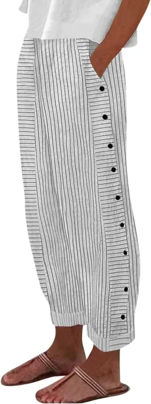 Striped Pants Women High Elastic Waist Wide Leg Pants Woman Vintage Lounge Pinstripe Pants Straight Leg Trousers