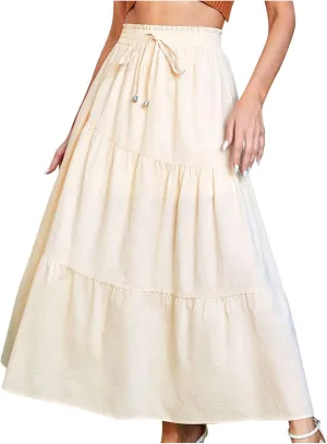Summer Cotton Linen Midi Skirt Womens Flowy Tiered Ruffle A-Line Skirts Casual Elastic High Waist Swing Long Skirt