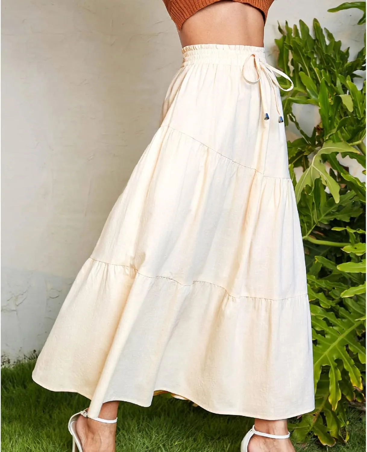 Summer Cotton Linen Midi Skirt Womens Flowy Tiered Ruffle A-Line Skirts Casual Elastic High Waist Swing Long Skirt