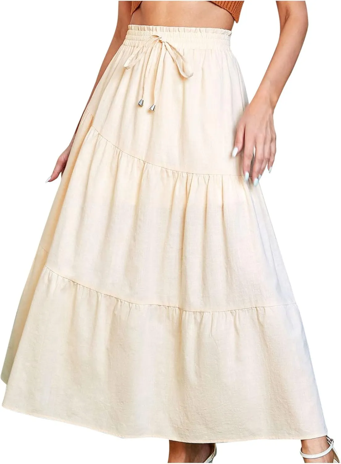 Summer Cotton Linen Midi Skirt Womens Flowy Tiered Ruffle A-Line Skirts Casual Elastic High Waist Swing Long Skirt