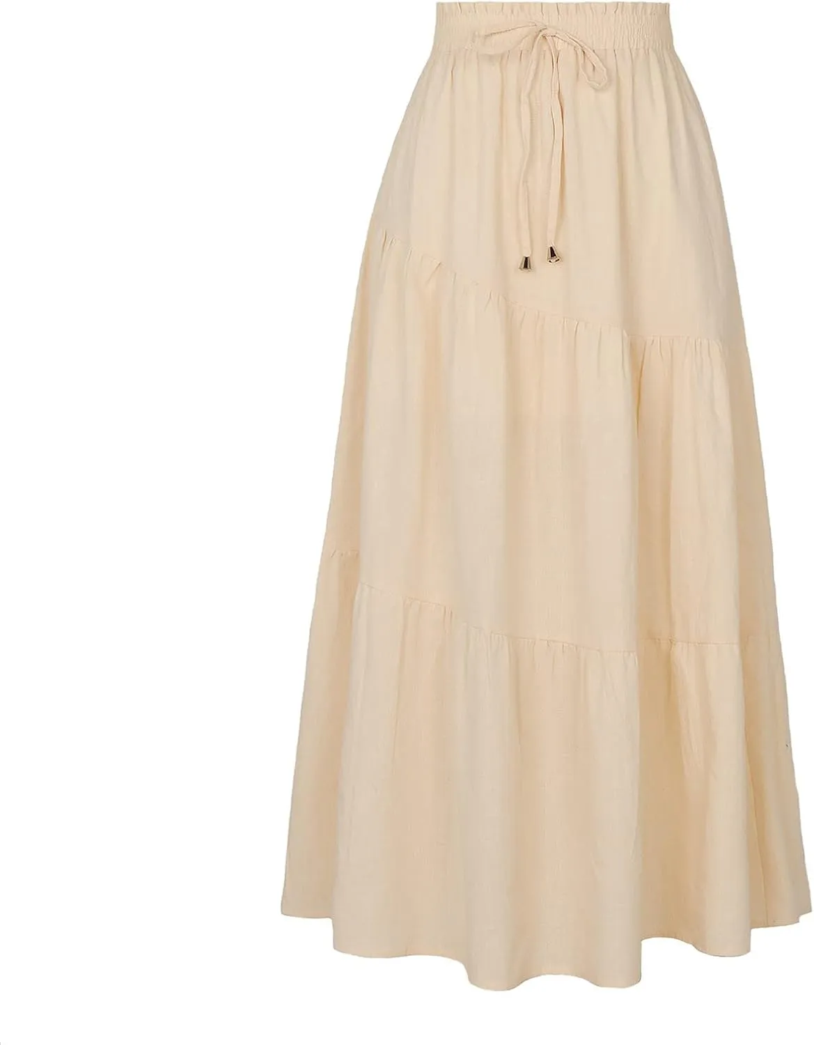 Summer Cotton Linen Midi Skirt Womens Flowy Tiered Ruffle A-Line Skirts Casual Elastic High Waist Swing Long Skirt