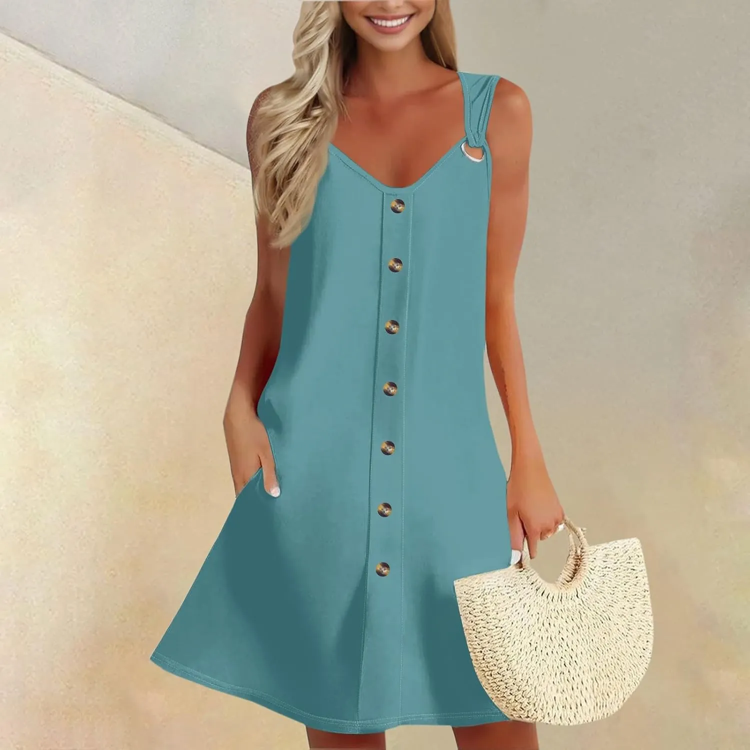 Summer Dresses for Women 2025 Loose Tank Dress Printed V Neck Beach Vacation Dress Sleeveless Sundress with Pockets
