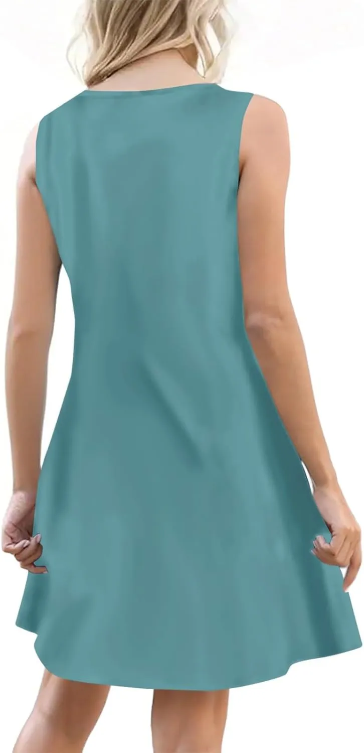 Summer Dresses for Women 2025 Loose Tank Dress Printed V Neck Beach Vacation Dress Sleeveless Sundress with Pockets
