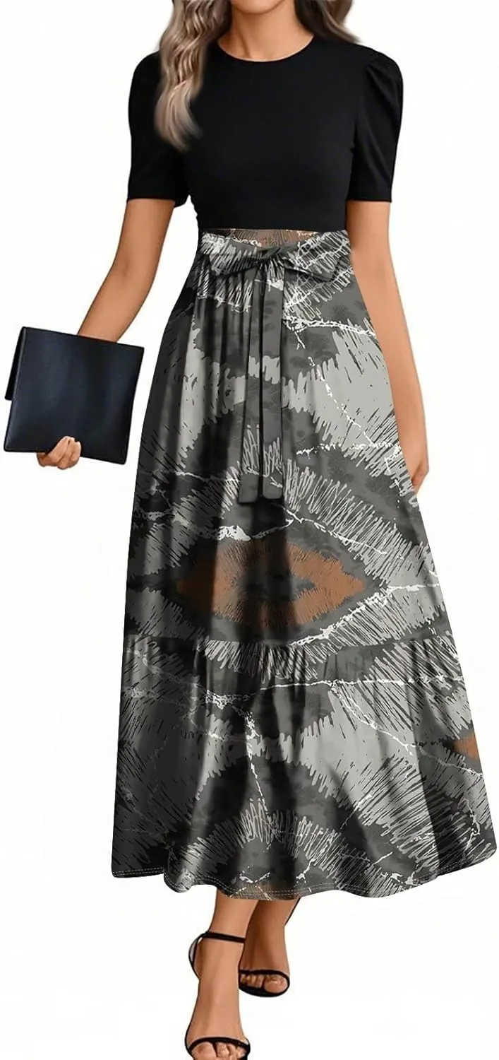Summer Dresses for Women Floral Printrd A-Line Dress with Belt Flowy High Waist Maxi Dress Casual Elegant Long Dress