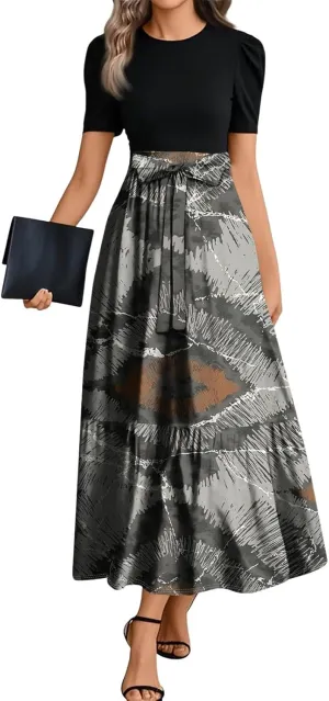 Summer Dresses for Women Floral Printrd A-Line Dress with Belt Flowy High Waist Maxi Dress Casual Elegant Long Dress