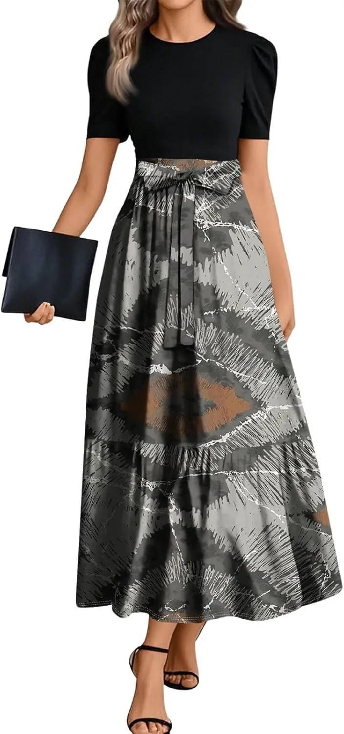 Summer Dresses for Women Floral Printrd A-Line Dress with Belt Flowy High Waist Maxi Dress Casual Elegant Long Dress
