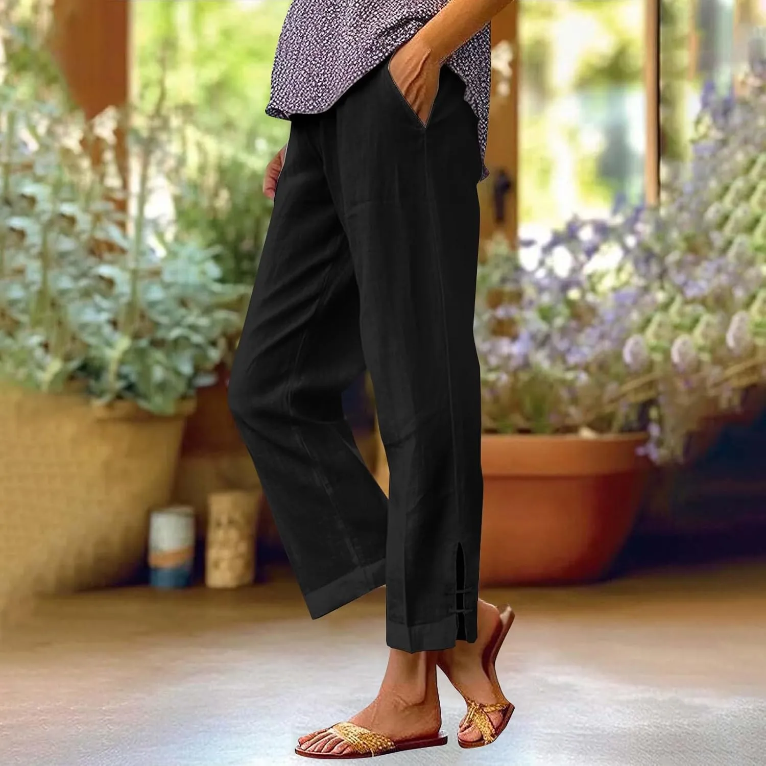 Summer Travel Pants Women Cotton Linen Flowy Wide Leg High Waist Trouser Pants Trendy Drawstring Clothes with Pockets