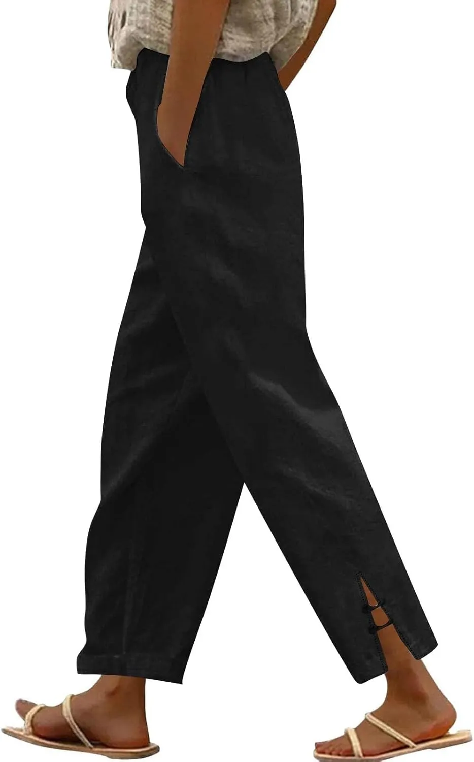 Summer Travel Pants Women Cotton Linen Flowy Wide Leg High Waist Trouser Pants Trendy Drawstring Clothes with Pockets