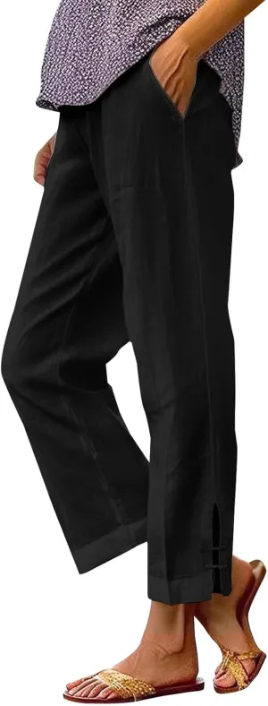 Summer Travel Pants Women Cotton Linen Flowy Wide Leg High Waist Trouser Pants Trendy Drawstring Clothes with Pockets
