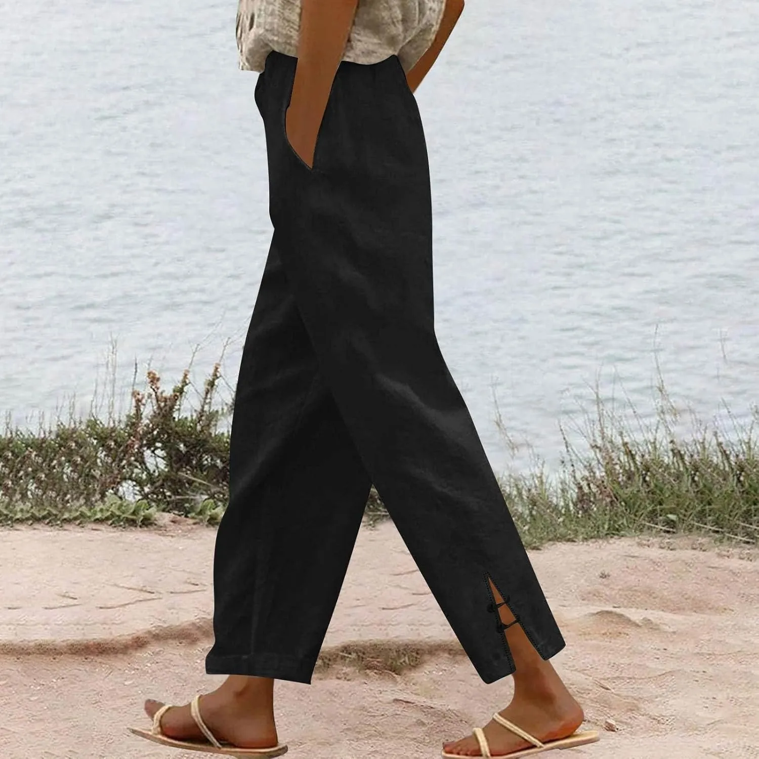 Summer Travel Pants Women Cotton Linen Flowy Wide Leg High Waist Trouser Pants Trendy Drawstring Clothes with Pockets