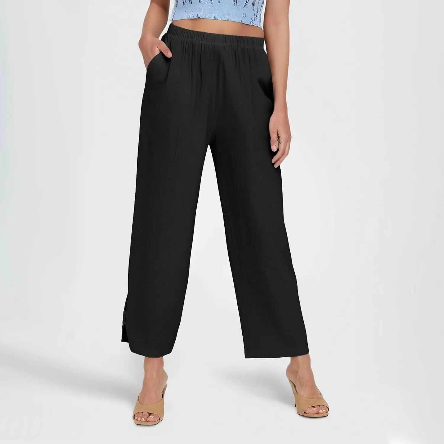 Summer Travel Pants Women Cotton Linen Flowy Wide Leg High Waist Trouser Pants Trendy Drawstring Clothes with Pockets
