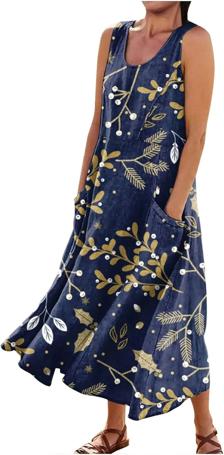Sundresses for Women Floral Printed Sleeveless Sundresses Pockets a Line Beach Dress Casual Loose Tank Dresses