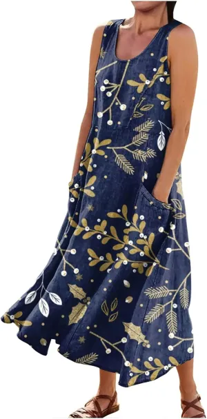 Sundresses for Women Floral Printed Sleeveless Sundresses Pockets a Line Beach Dress Casual Loose Tank Dresses