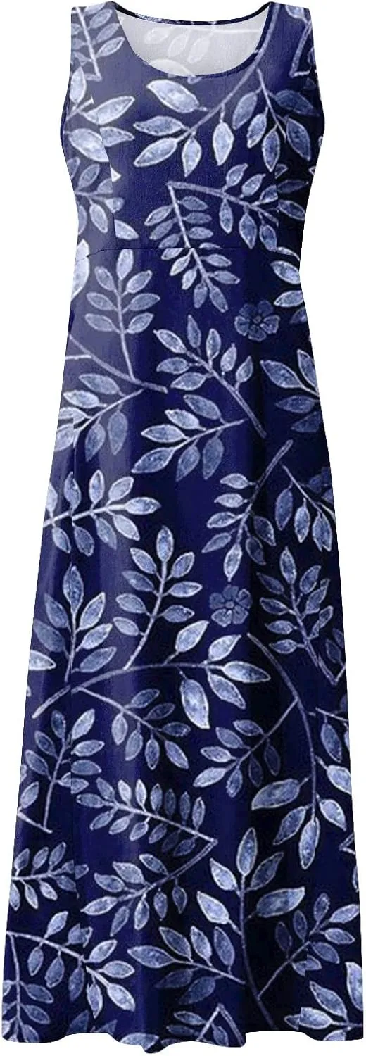 Sundresses for Women Floral Printed Sleeveless Sundresses Pockets a Line Beach Dress Casual Loose Tank Dresses