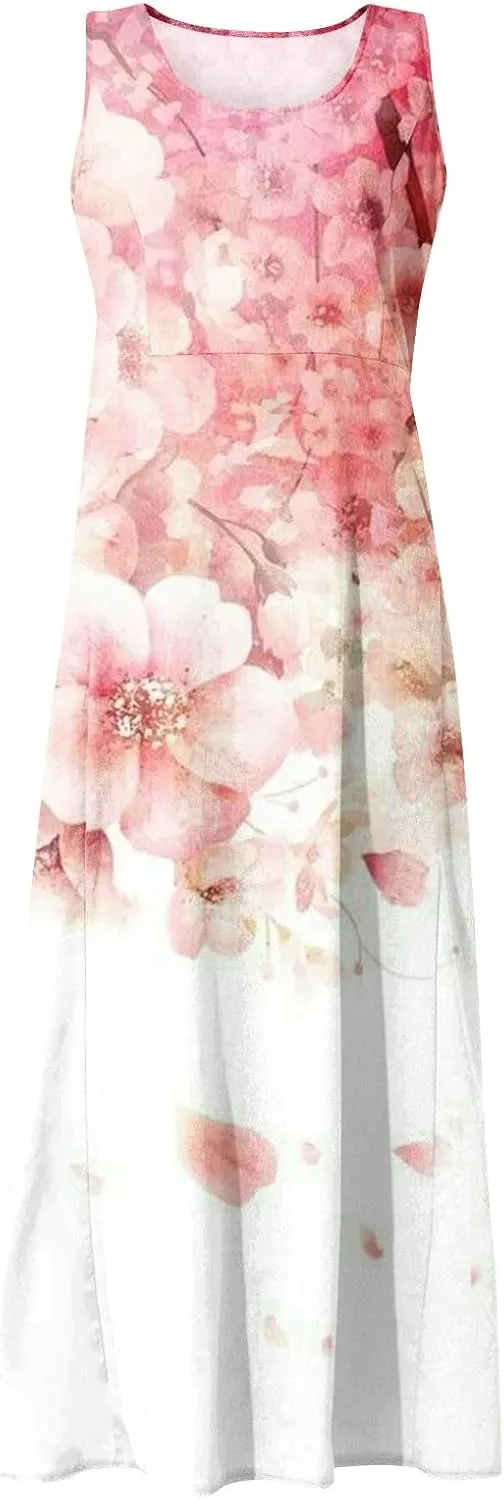 Sundresses for Women Floral Printed Sleeveless Sundresses Pockets a Line Beach Dress Casual Loose Tank Dresses