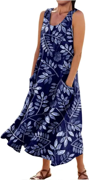 Sundresses for Women Floral Printed Sleeveless Sundresses Pockets a Line Beach Dress Casual Loose Tank Dresses
