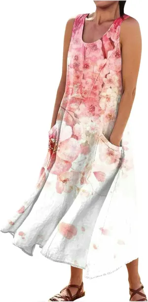 Sundresses for Women Floral Printed Sleeveless Sundresses Pockets a Line Beach Dress Casual Loose Tank Dresses
