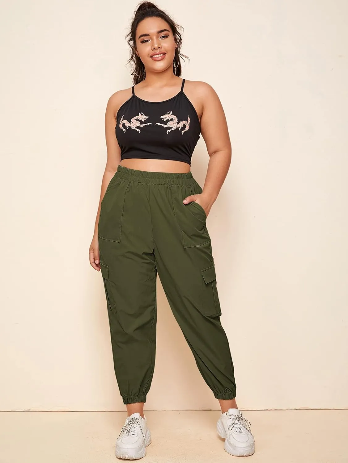 SweatyRocks Women's Plus Size Elastic Waist Pants Running Jogger Sweatpants with Pockets