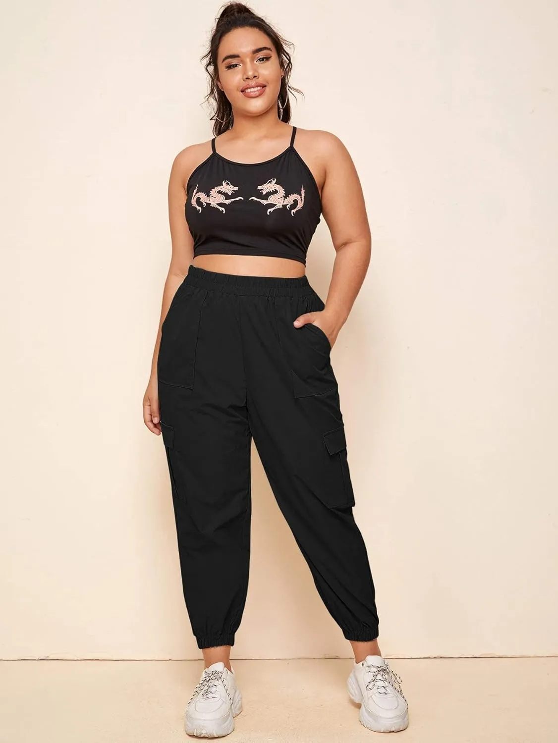 SweatyRocks Women's Plus Size Elastic Waist Pants Running Jogger Sweatpants with Pockets