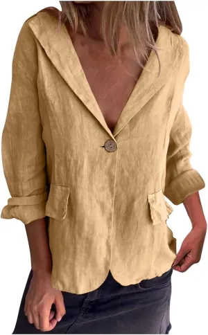 TANGNADE Linen Blazer Women Lightweight Casual Long Sleeve Spring Summer Jackets One Button Lapel Suit Blazer