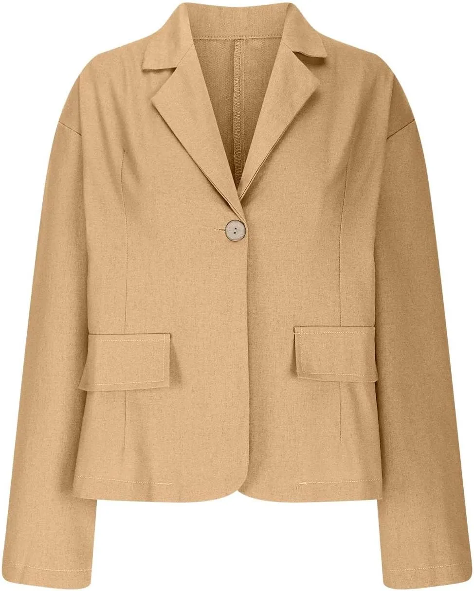 TANGNADE Linen Blazer Women Lightweight Casual Long Sleeve Spring Summer Jackets One Button Lapel Suit Blazer