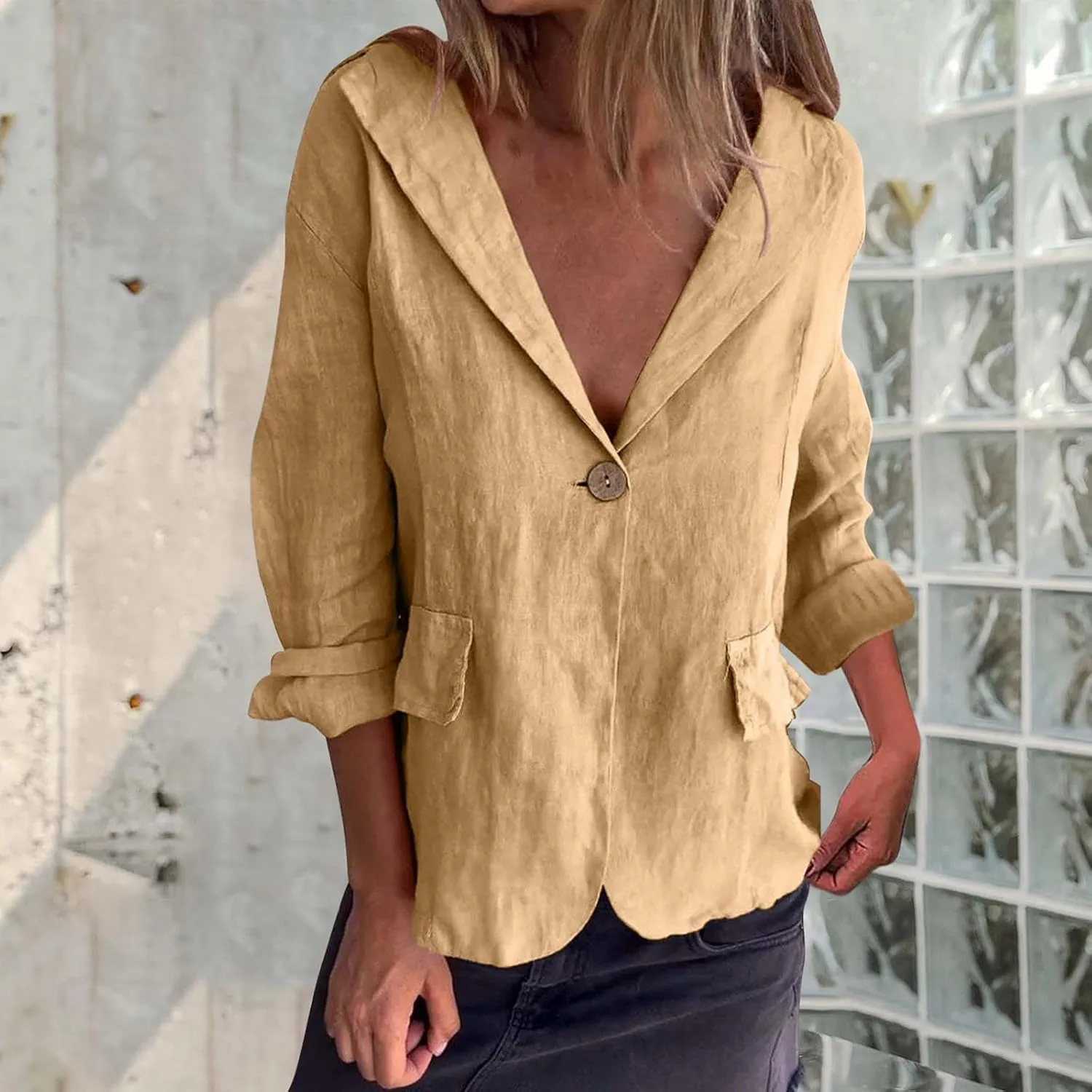 TANGNADE Linen Blazer Women Lightweight Casual Long Sleeve Spring Summer Jackets One Button Lapel Suit Blazer