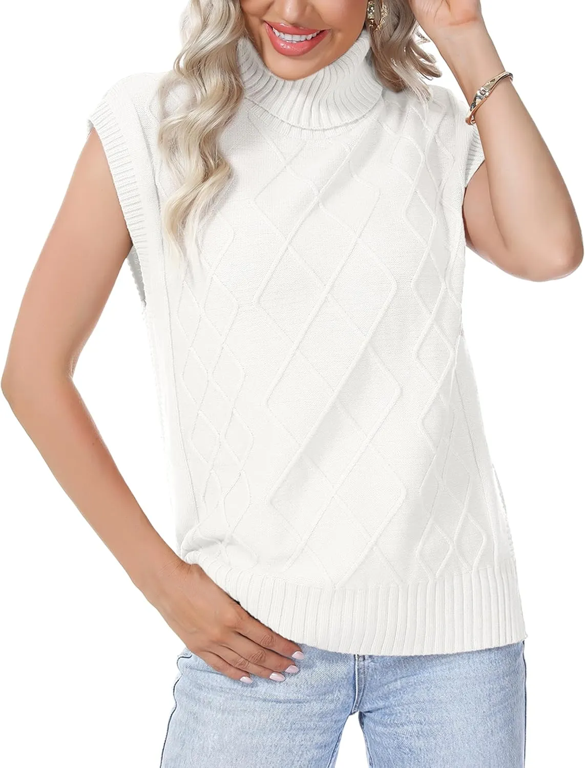 Totatuit Womens Sleeveless Turtlenecks Sweaters Cap Sleeve Mock Neck Ribbed Knitted Solid Pullover Sweater Vest
