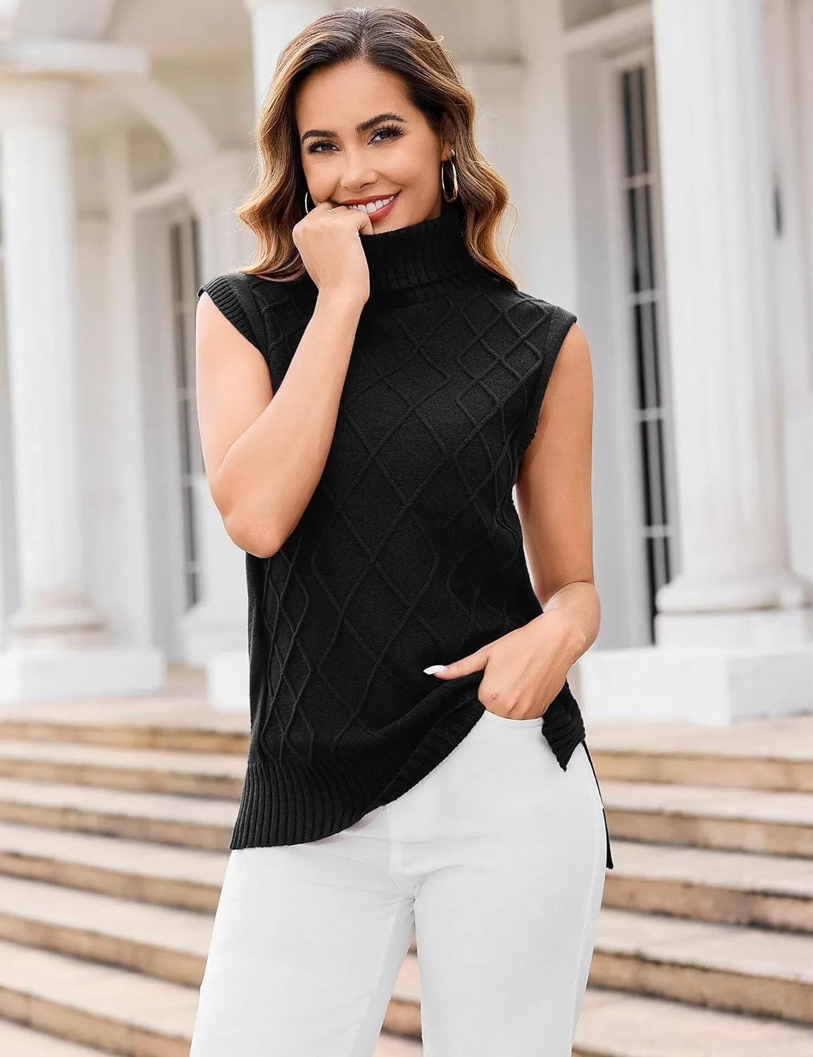 Totatuit Womens Sleeveless Turtlenecks Sweaters Cap Sleeve Mock Neck Ribbed Knitted Solid Pullover Sweater Vest