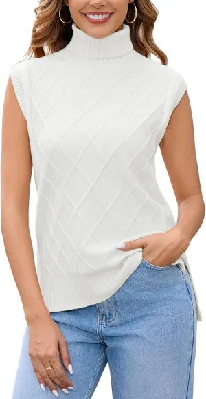 Totatuit Womens Sleeveless Turtlenecks Sweaters Cap Sleeve Mock Neck Ribbed Knitted Solid Pullover Sweater Vest