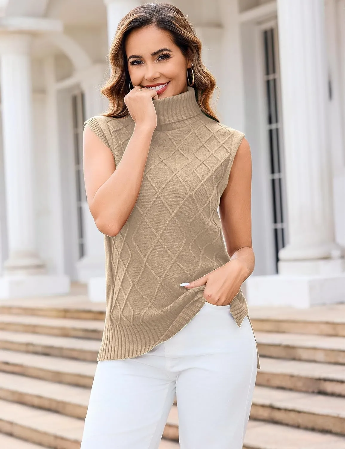 Totatuit Womens Sleeveless Turtlenecks Sweaters Cap Sleeve Mock Neck Ribbed Knitted Solid Pullover Sweater Vest