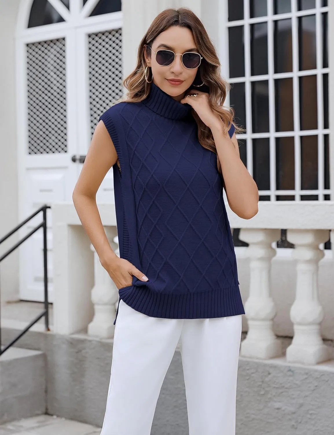 Totatuit Womens Sleeveless Turtlenecks Sweaters Cap Sleeve Mock Neck Ribbed Knitted Solid Pullover Sweater Vest