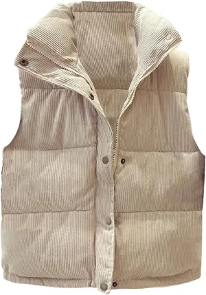 tuduoms Women's Vests Warm Puffer Vest Winter Casual Corduroy Jacket Gilet Light Packable Down Waistcoat Snaps Zip Outwear