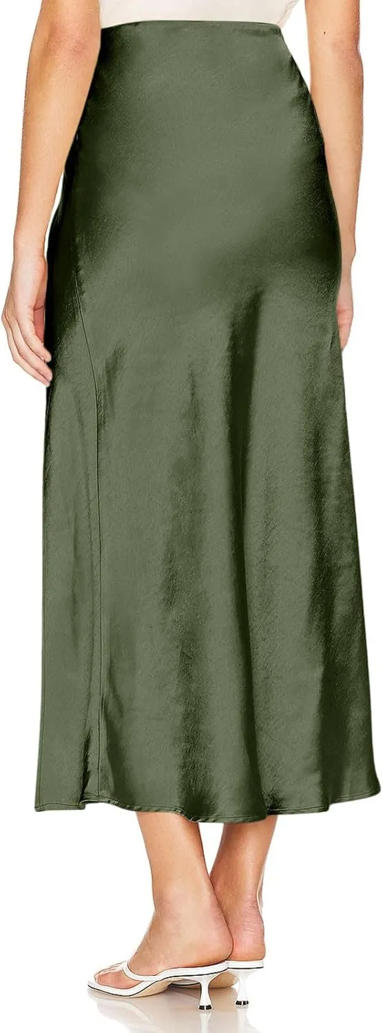 TUNUSKAT Womens Long Satin Skirts Sexy High Slit Plain Work Office Skirt Ladies Casual Elegant High Waisted Party Dress