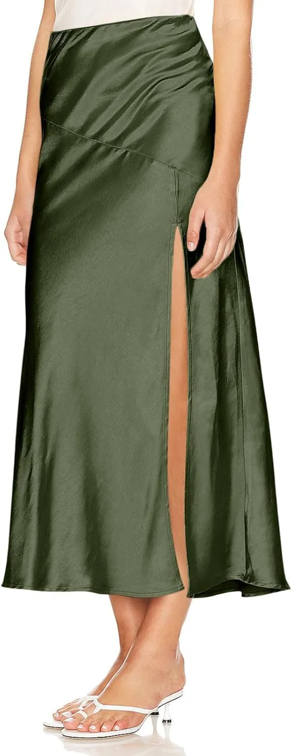 TUNUSKAT Womens Long Satin Skirts Sexy High Slit Plain Work Office Skirt Ladies Casual Elegant High Waisted Party Dress