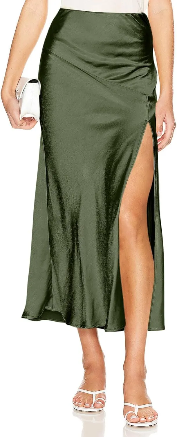 TUNUSKAT Womens Long Satin Skirts Sexy High Slit Plain Work Office Skirt Ladies Casual Elegant High Waisted Party Dress