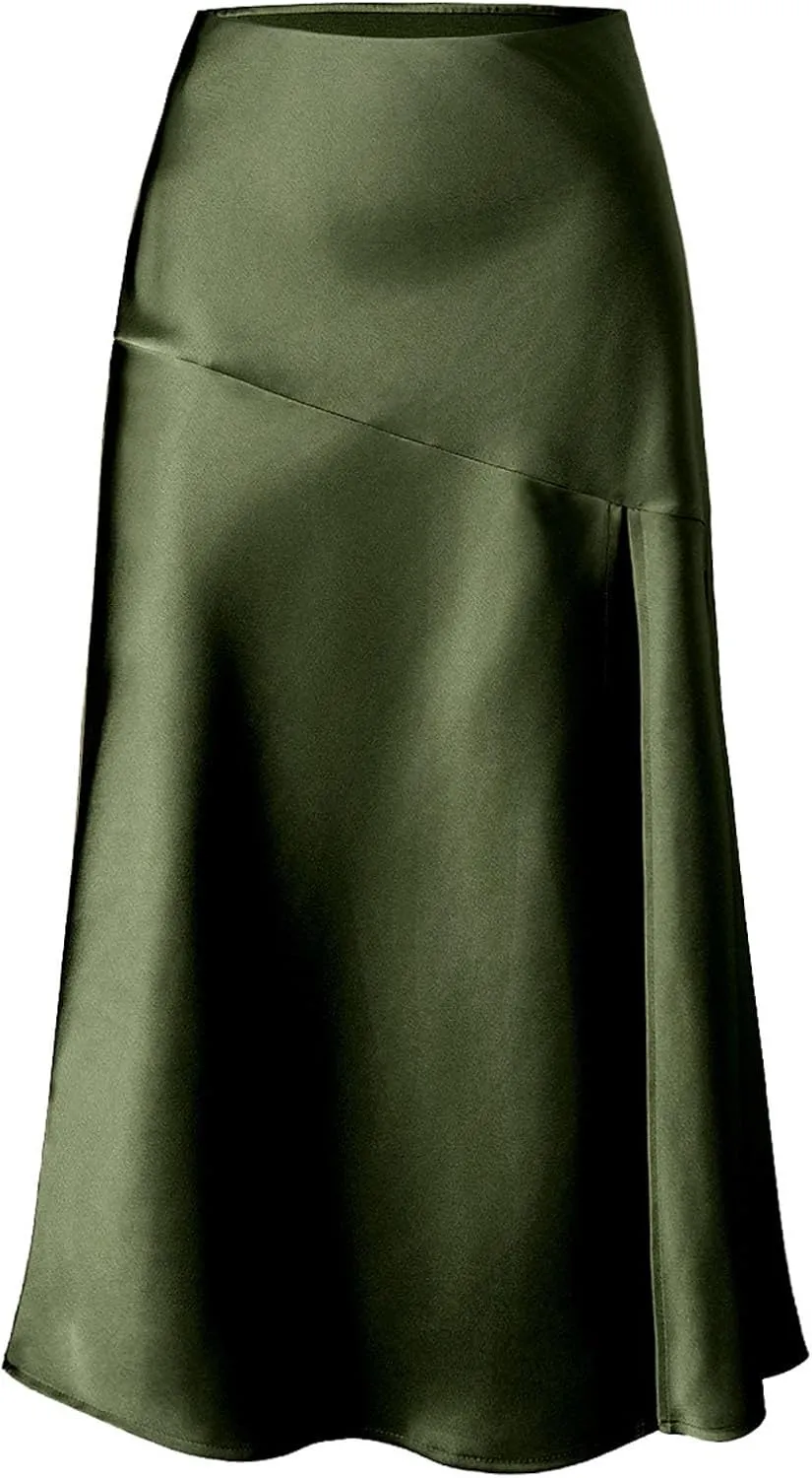 TUNUSKAT Womens Long Satin Skirts Sexy High Slit Plain Work Office Skirt Ladies Casual Elegant High Waisted Party Dress
