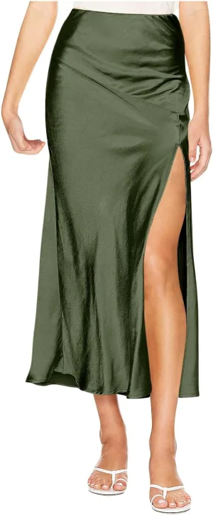 TUNUSKAT Womens Long Satin Skirts Sexy High Slit Plain Work Office Skirt Ladies Casual Elegant High Waisted Party Dress