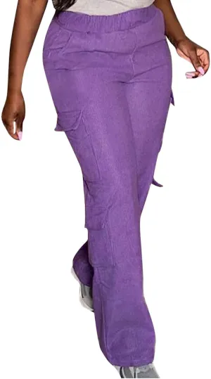 Uillui Corduroy Cargo Pants for Women High Waist Loose Fit Straight Leg Pant Fashion Casual Multi-Pocket Trouser Hiking Pant