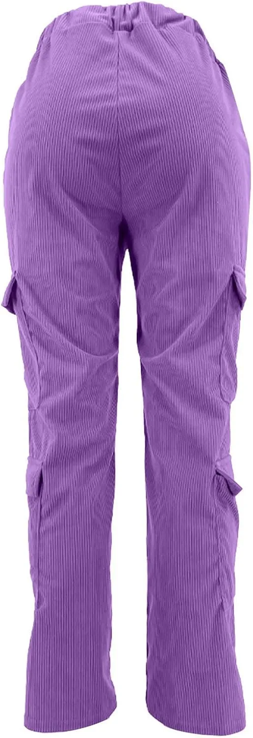 Uillui Corduroy Cargo Pants for Women High Waist Loose Fit Straight Leg Pant Fashion Casual Multi-Pocket Trouser Hiking Pant