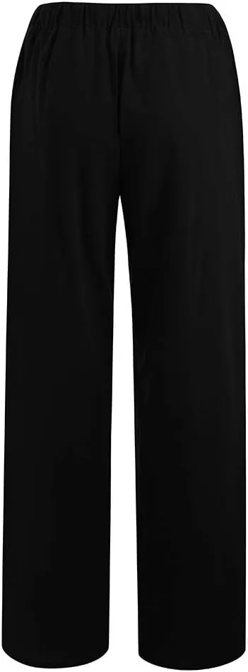 Uillui Ladies Low Waisted Flowy Flare Trousers Athletic Gym Fitness Yoga Straight Leg Pants Cotton Linen Work Wide Leg Pants