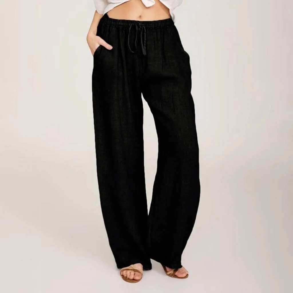 Uillui Ladies Low Waisted Flowy Flare Trousers Athletic Gym Fitness Yoga Straight Leg Pants Cotton Linen Work Wide Leg Pants