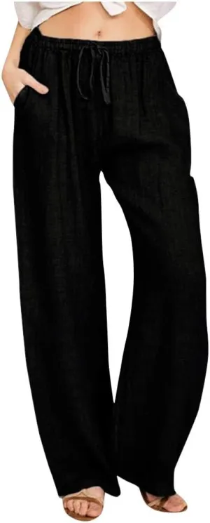 Uillui Ladies Low Waisted Flowy Flare Trousers Athletic Gym Fitness Yoga Straight Leg Pants Cotton Linen Work Wide Leg Pants