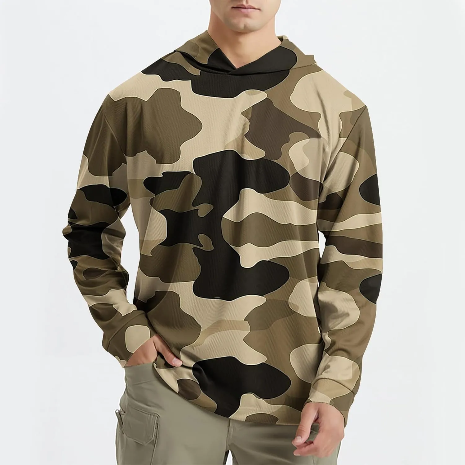 UPF 50  Sun Protection Rash Guard Mens Long Sleeve Camo Fishing Cooling Hoodie Summer Outdoor Swimming Hiking Shirts