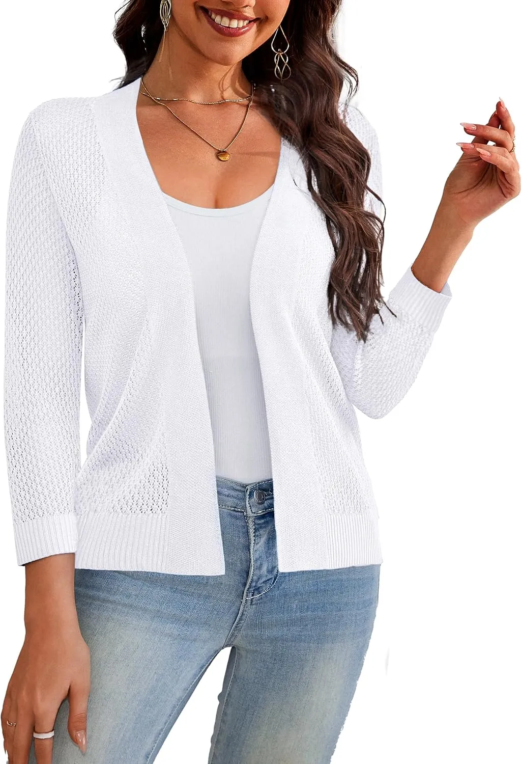 U.Vomade Women's Cardigans 3/4 Sleeve Open Front Cropped Cardigan Hollow Out Bolero Shrug S-XL