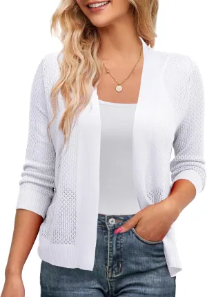 U.Vomade Women's Cardigans 3/4 Sleeve Open Front Cropped Cardigan Hollow Out Bolero Shrug S-XL