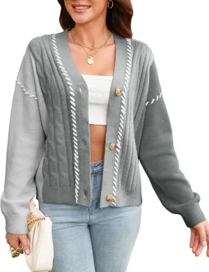 V FOR CITY Women's Cable Knit Cardigan Sweater Long Sleeve Open Front Chunky Cropped Cardigan Color Block Outwear