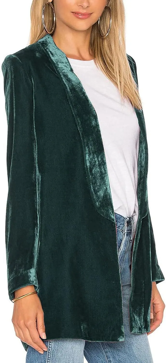 Velvet Blazers for Women Solid Open Front Lapel Cardigan Coat Long Sleeve Fall Winter Office Work Suit Jacket